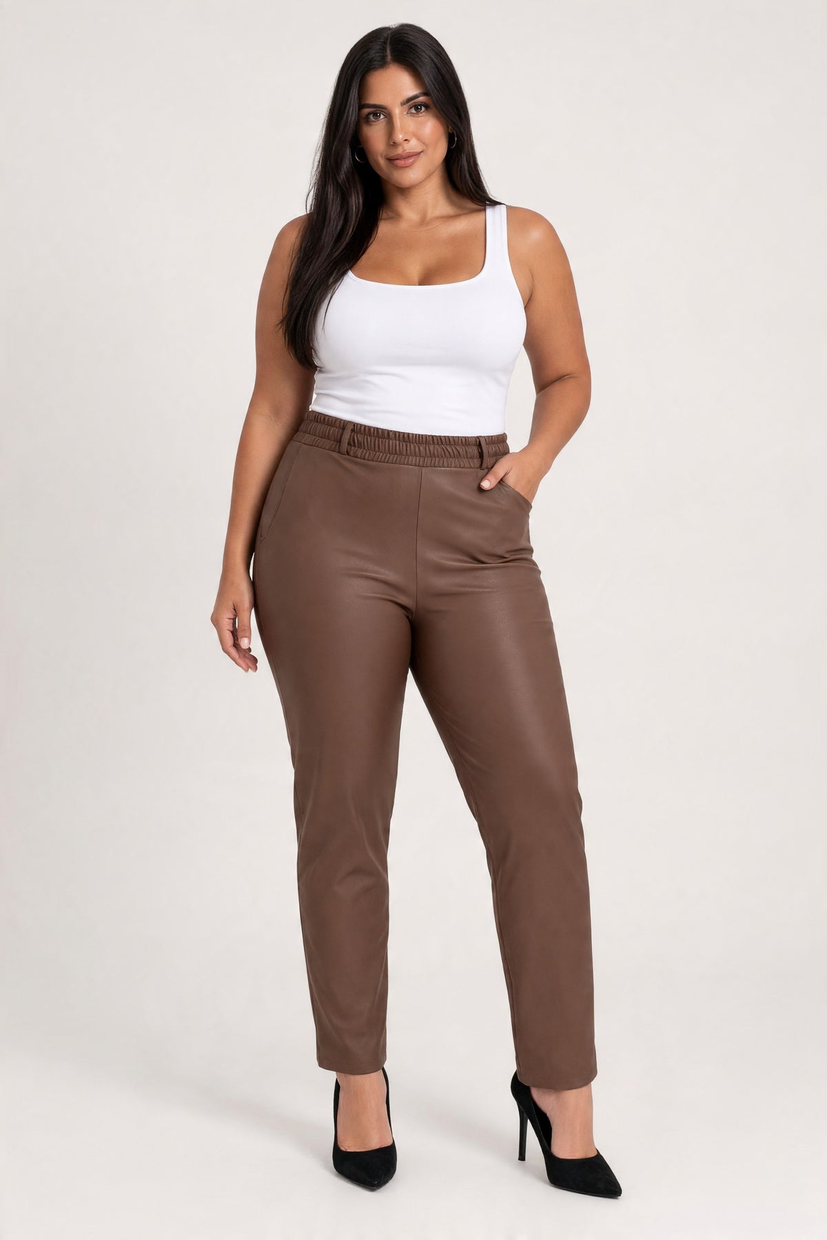 Plus size Παντελόνι Δερματίνη Καφε