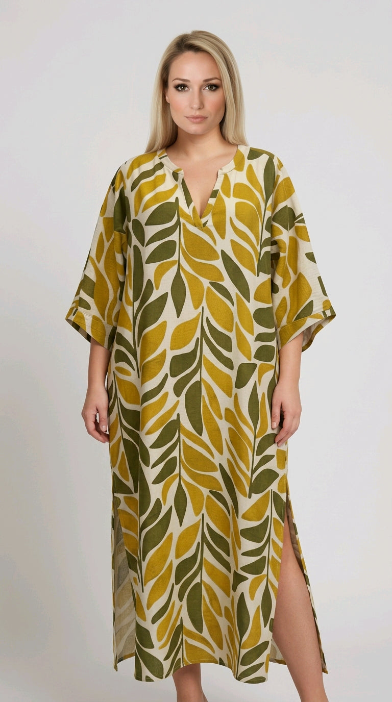 Φόρεμα Maxi με Ethnic Print — Χρυσό/Λαδί