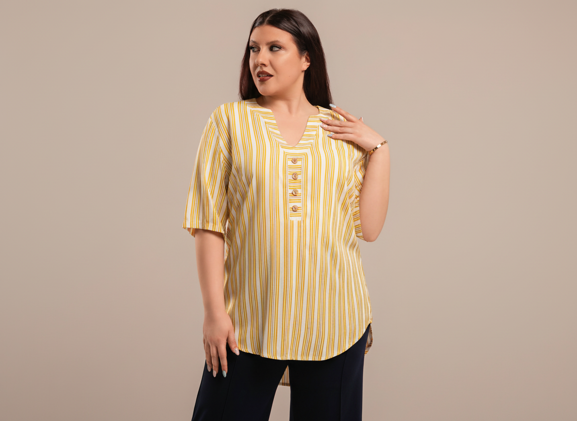 Κίτρινη Ριγέ Μπλούζα Plus Size με Κουμπιά και V Λαιμόκοψη