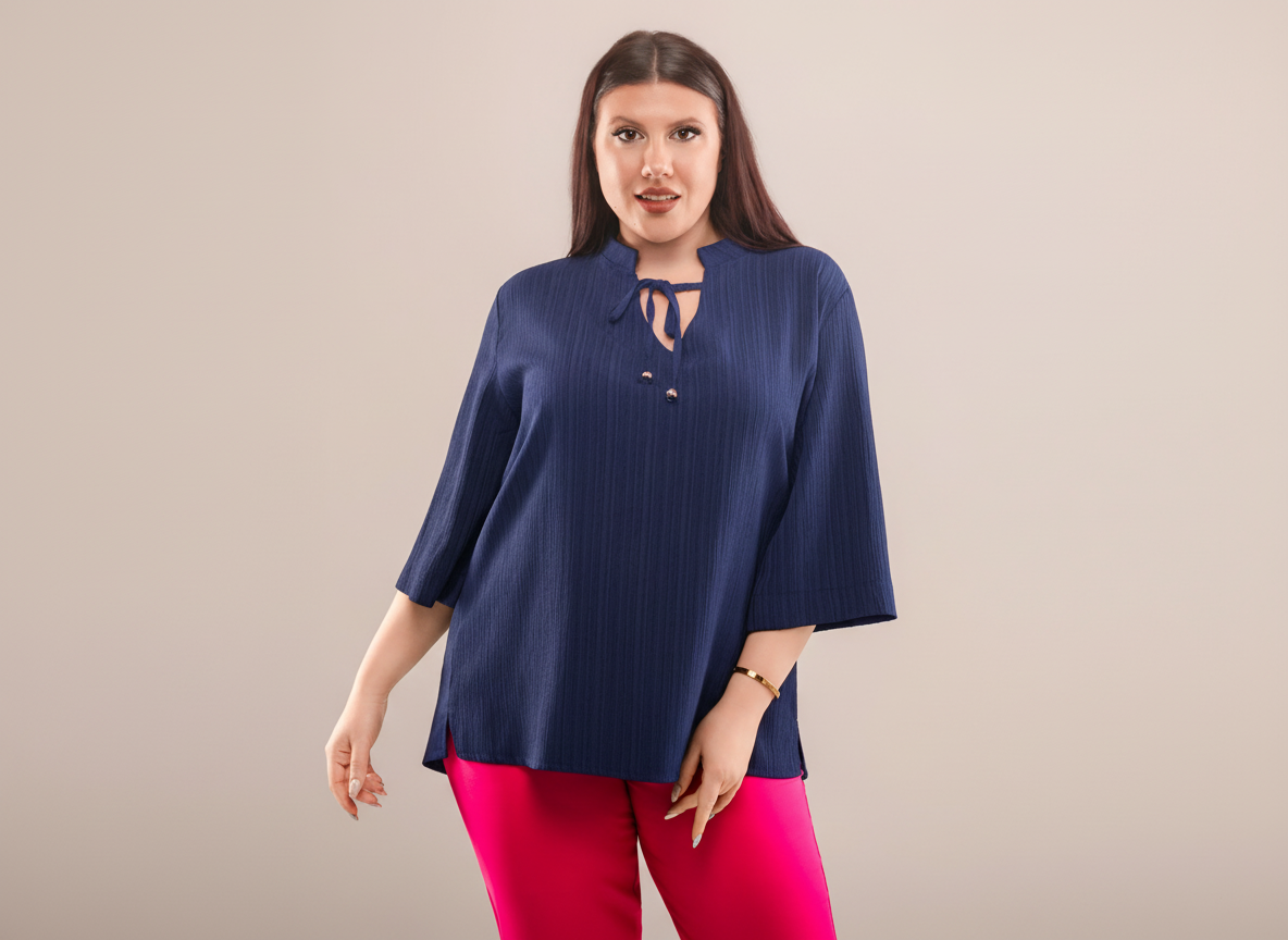 Μπλέ  Μπλούζα Plus Size με Λαιμόκοψη Δέσιμο & Ρελαξ Γραμμή