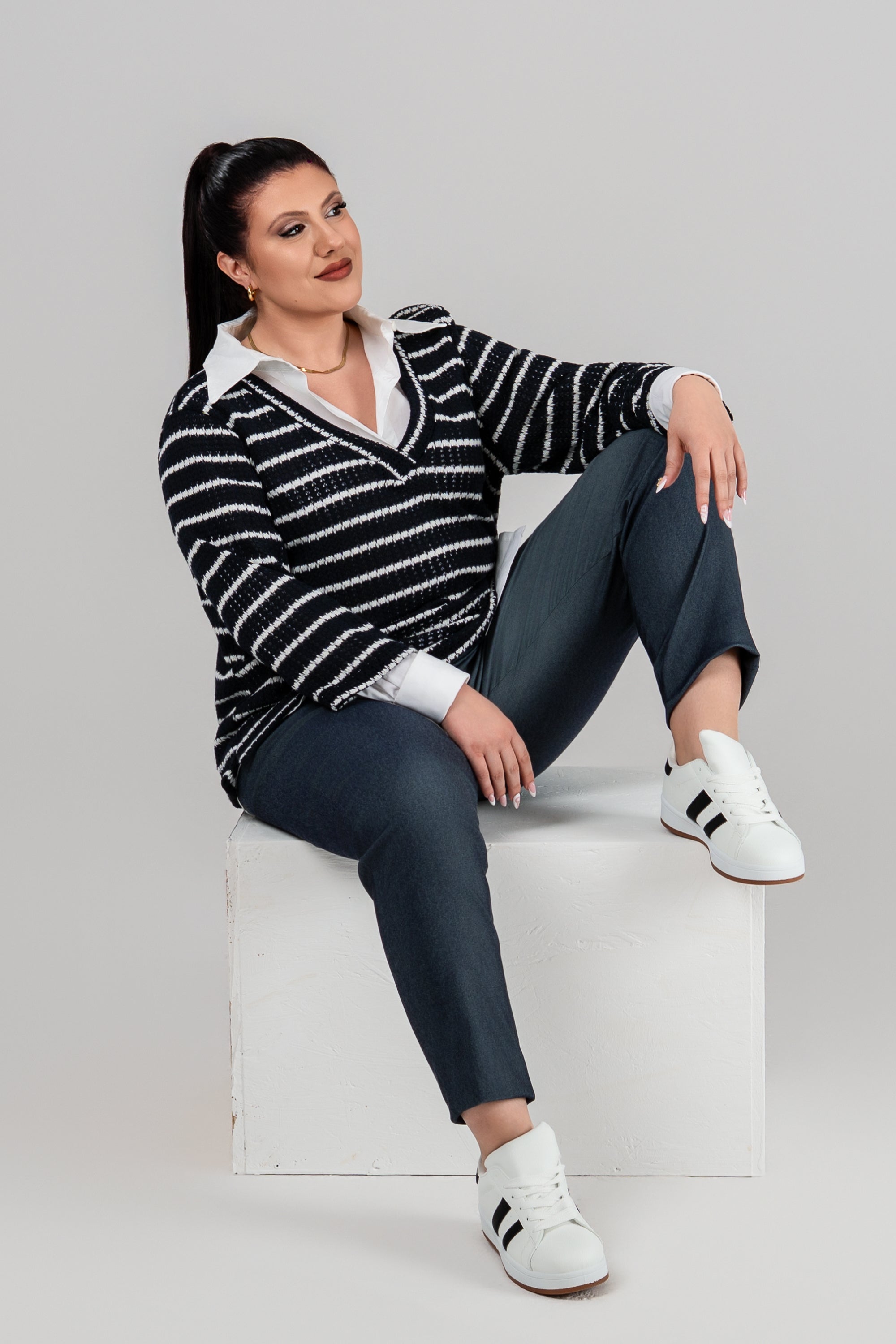 Plus size Πλεκτή Μπλούζα μπλε λευκό