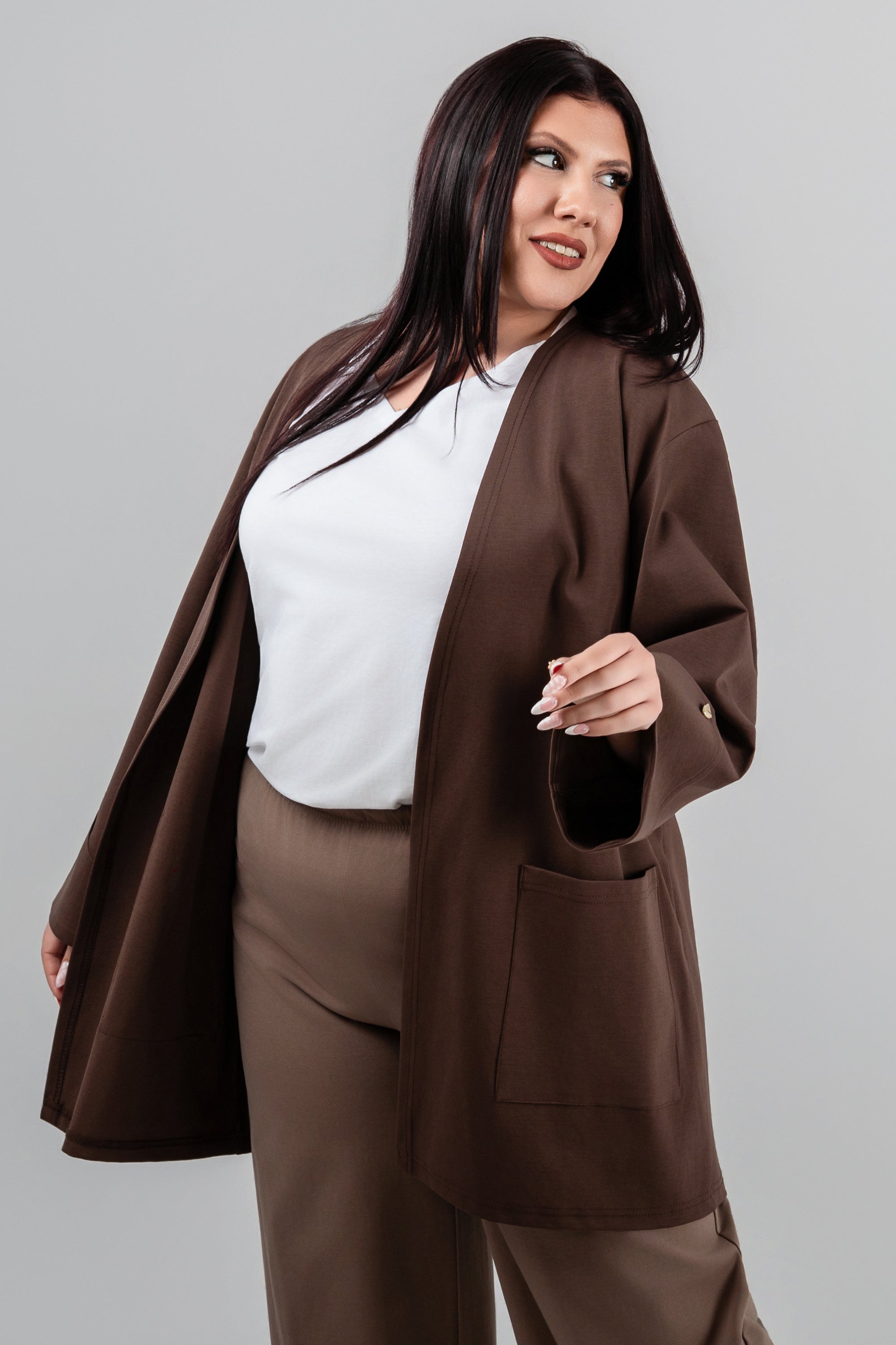 Plus size Ζακέτα χωρίς κουμπιά καφέ