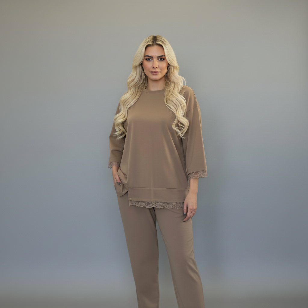 Paris Twin Set - Σετ με Παντελόνι και Μπλούζα Δαντέλα Καφέ