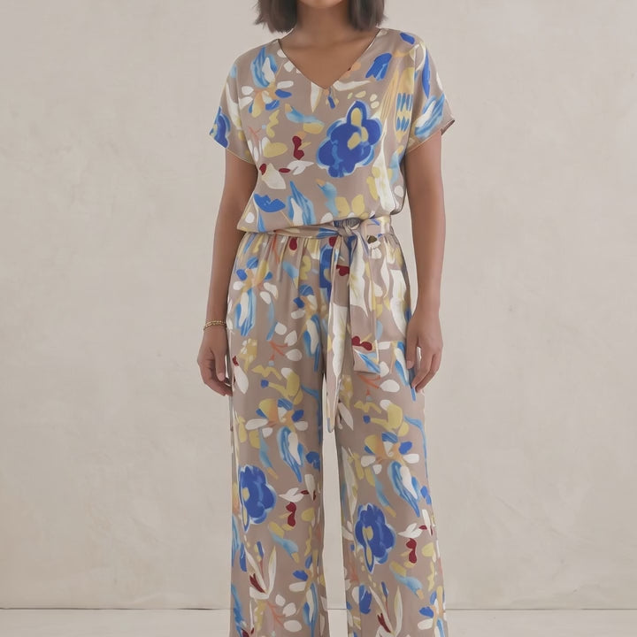 Σετ Παντελόνα Floral με Ζώνη & Μπλούζα V Λαιμόκοψη