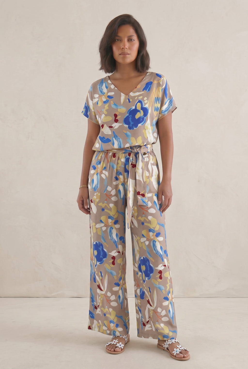 Σετ Παντελόνα Floral με Ζώνη & Μπλούζα V Λαιμόκοψη