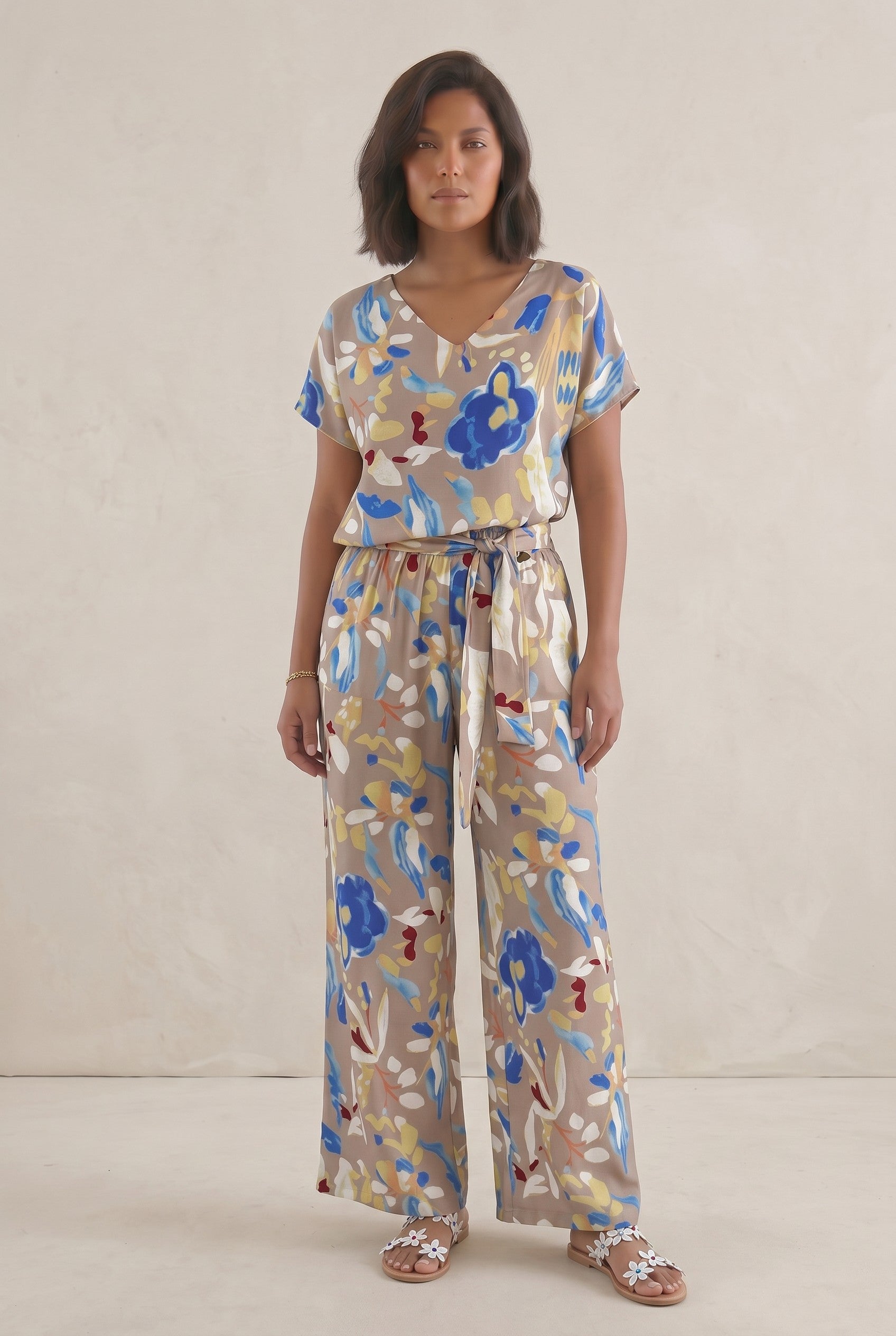 Σετ Παντελόνα Floral με Ζώνη & Μπλούζα V Λαιμόκοψη
