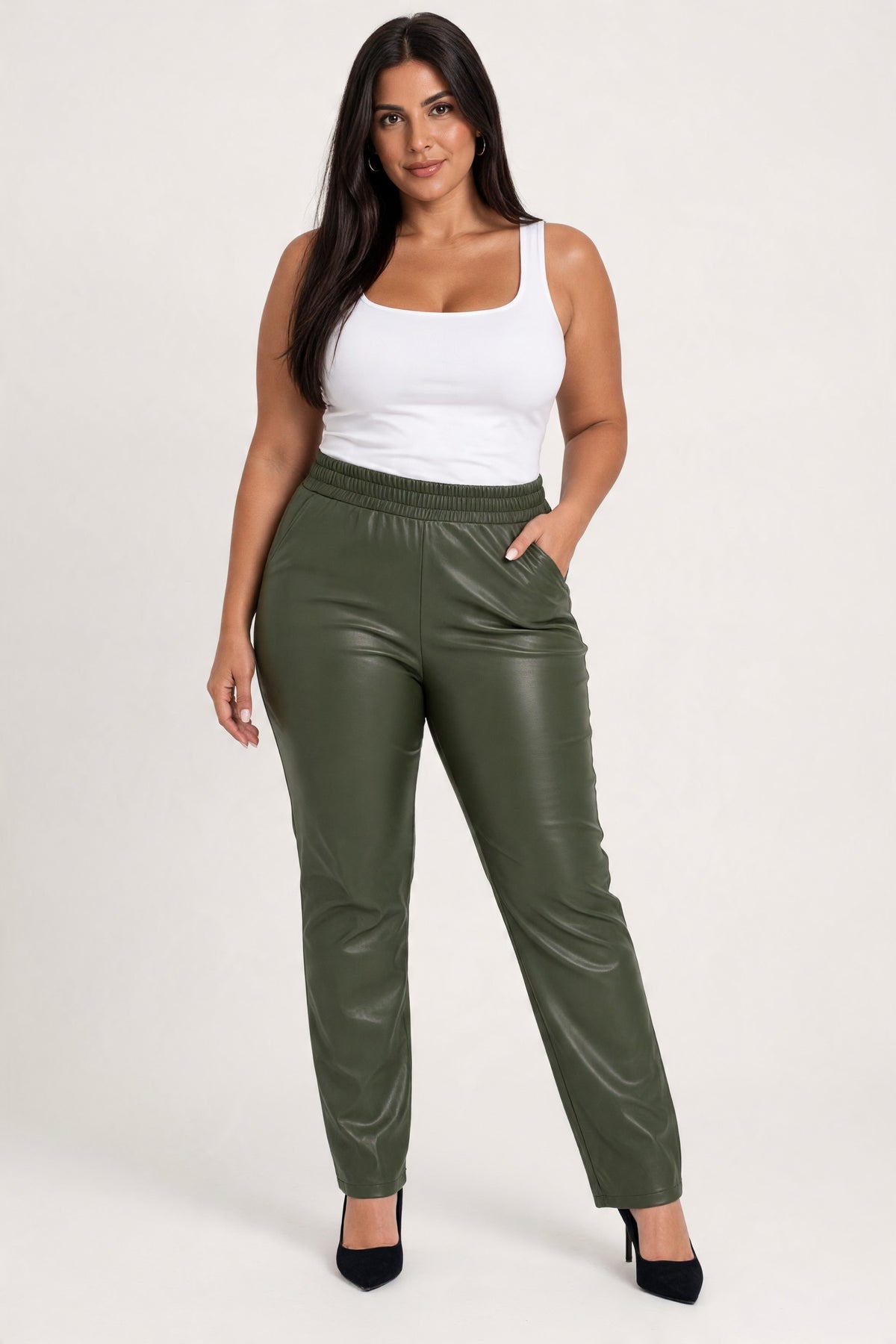 Plus size Παντελόνι Δερματίνη λαδί