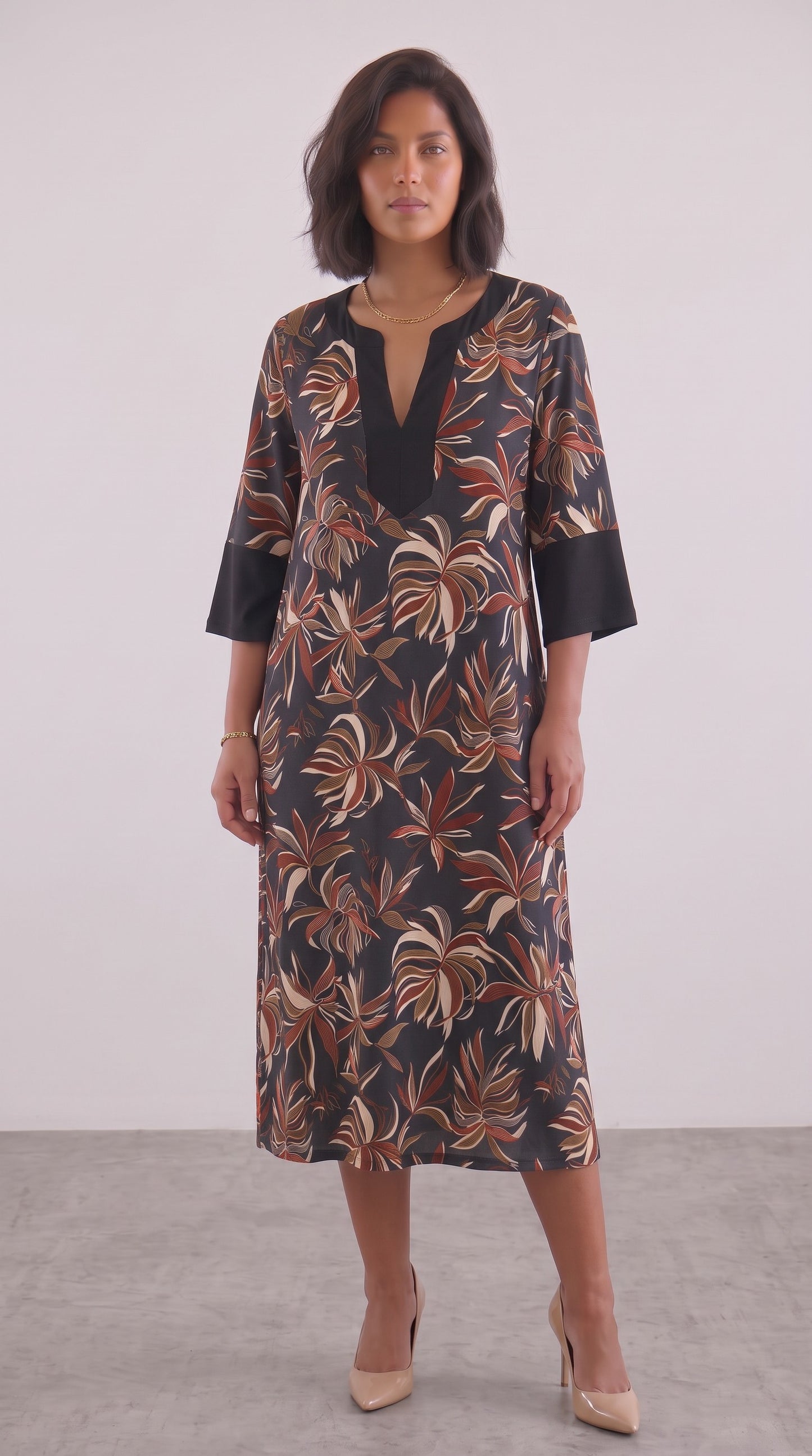 Γυναικείο Εμπριμέ Midi Φόρεμα με V Λαιμόκοψη – Floral