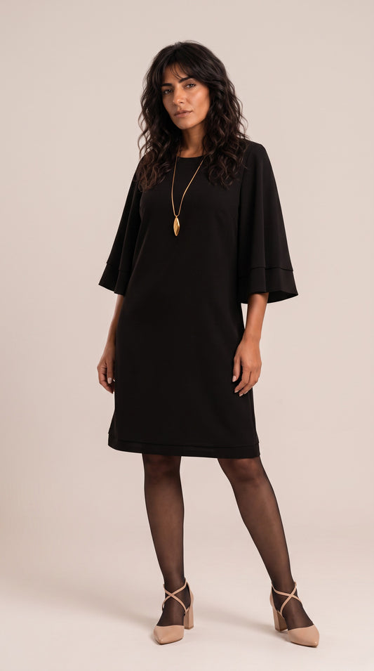 Φόρεμα Plus Size από Κρεπ Υφασμα με Καμπάνα Μανίκια Μαύρο