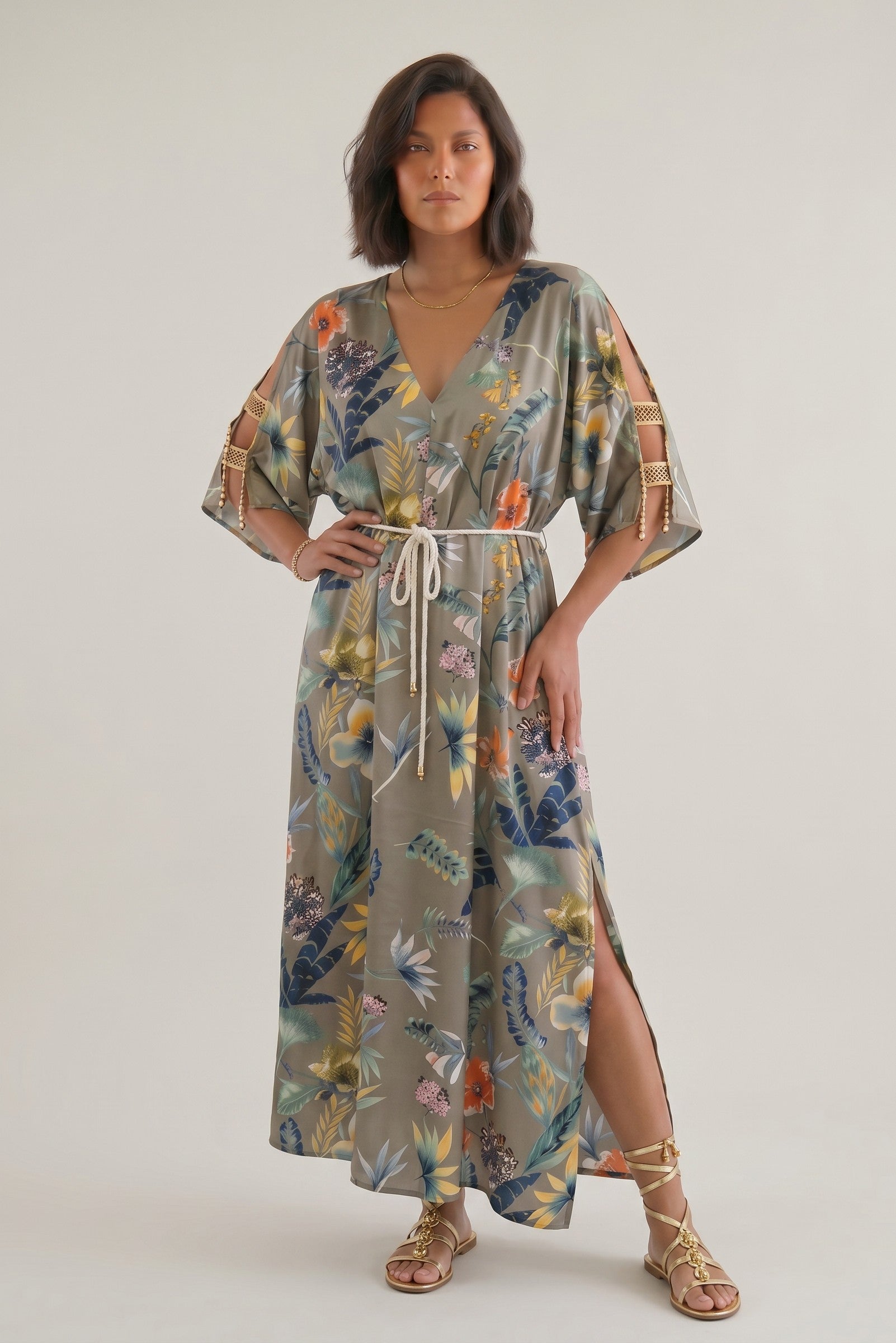 Γυναικείο Plus Size Σατέν Φόρεμα Floral με V Λαιμόκοψη