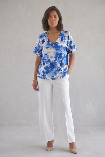 Γυναικεία Plus Size Μπλούζα Βουάλ με Εμπριμέ Μπροστινή Όψη & Κρουαζέ Πλάτη