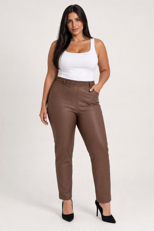 Plus size Παντελόνι Δερματίνη Καφε