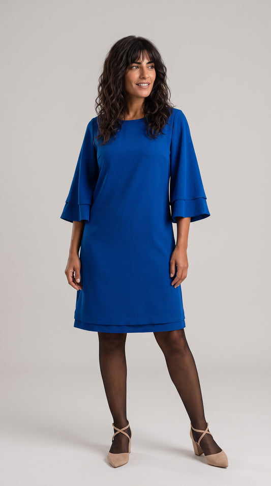 Φόρεμα Plus Size από Κρεπ Ύφασμα με Καμπάνα Μανίκια σε Βασιλικό Μπλε
