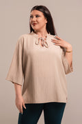 Μπεζ  Μπλούζα Plus Size με Λαιμόκοψη Δέσιμο & Ρελαξ Γραμμή