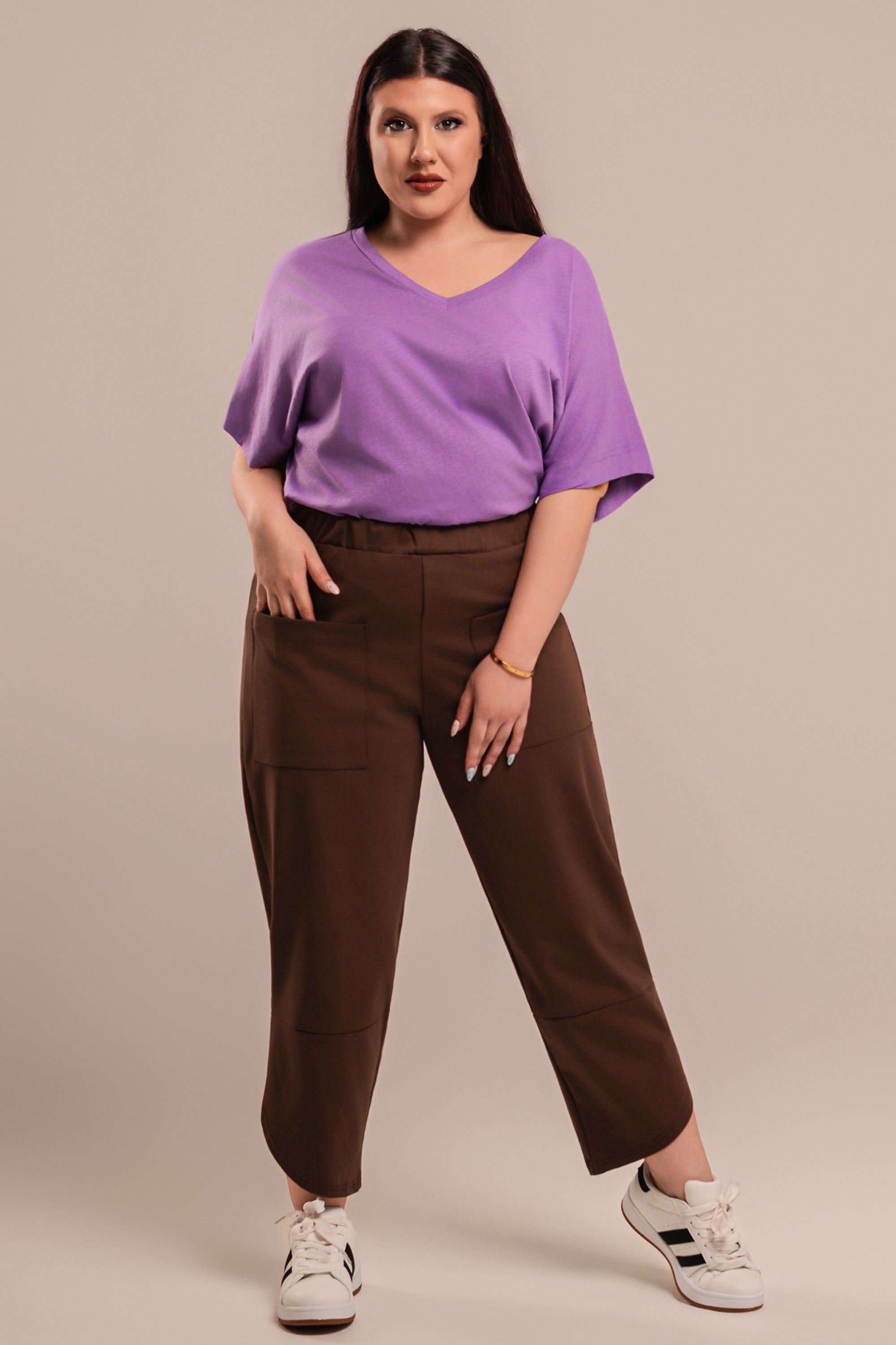 Κροπ Παντελόνι Plus Size Καφέ με Τσέπες και Λάστιχο