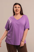 Μπλούζα Φλάμα Βαμβακερή Plus Size με V Λαιμόκοψη Μωβ