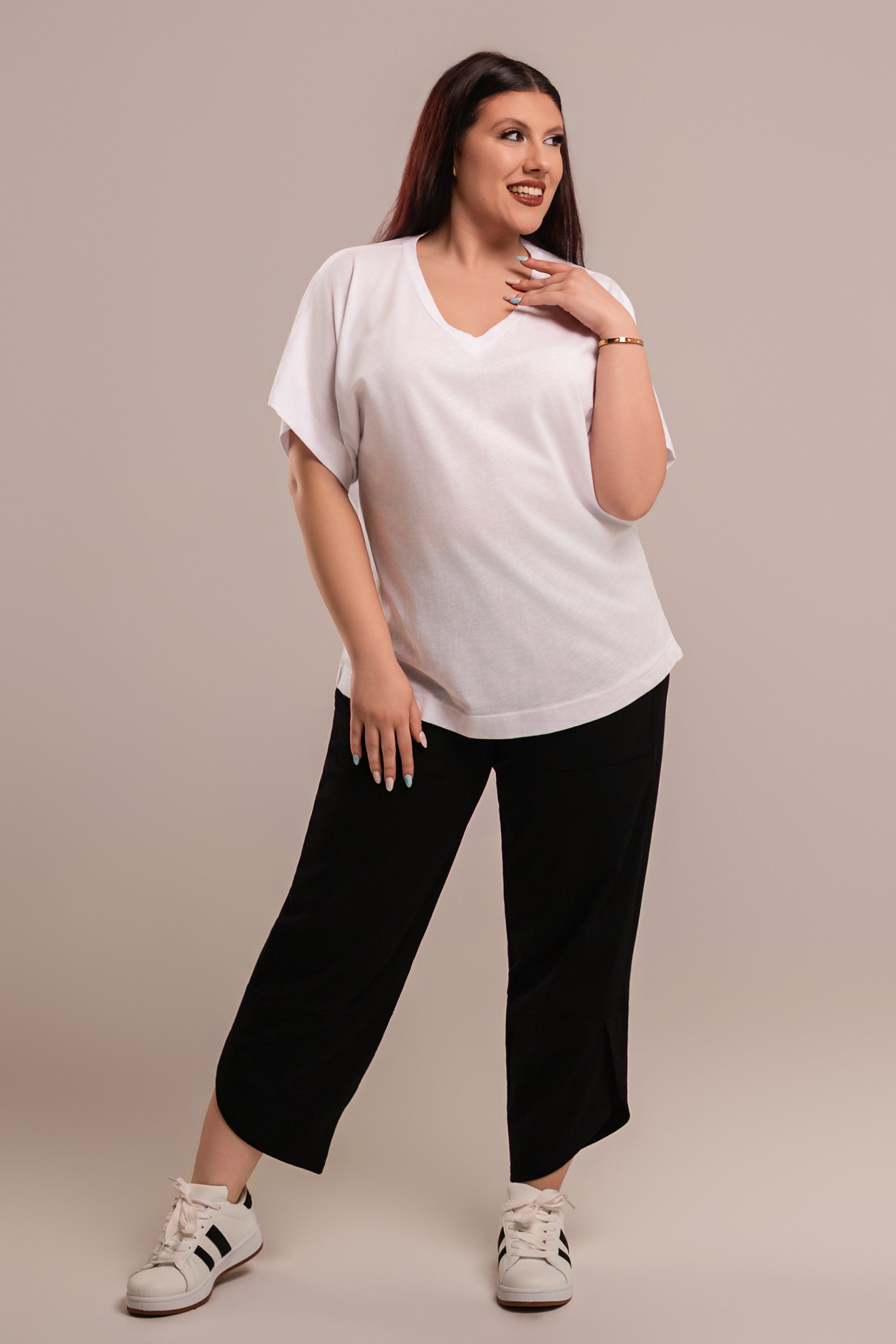 Λευκή Μπλούζα Φλάμα Βαμβακερή Plus Size με V Λαιμόκοψη