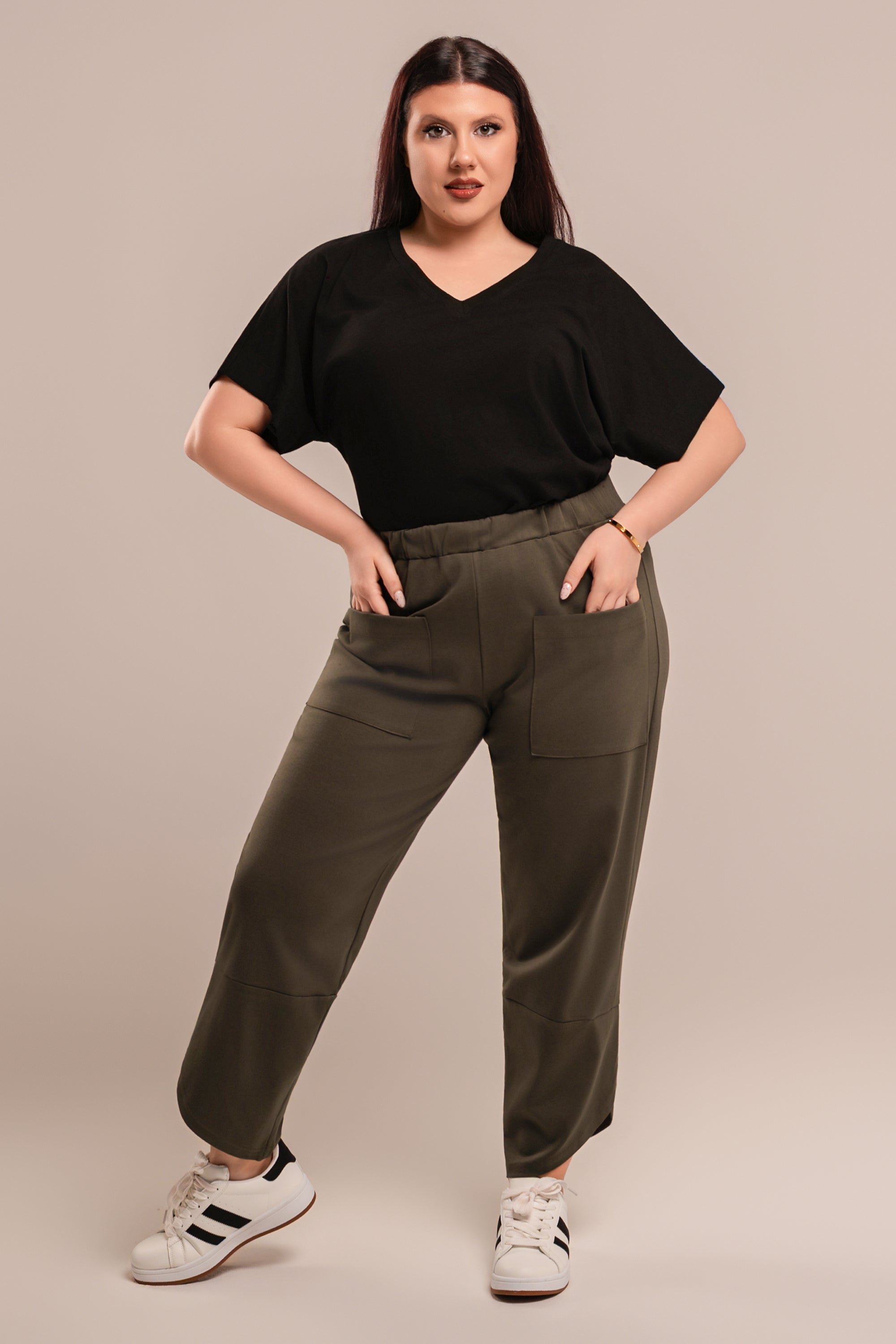 Κροπ Παντελόνι Plus Size Χακί με Τσέπες και Λάστιχο