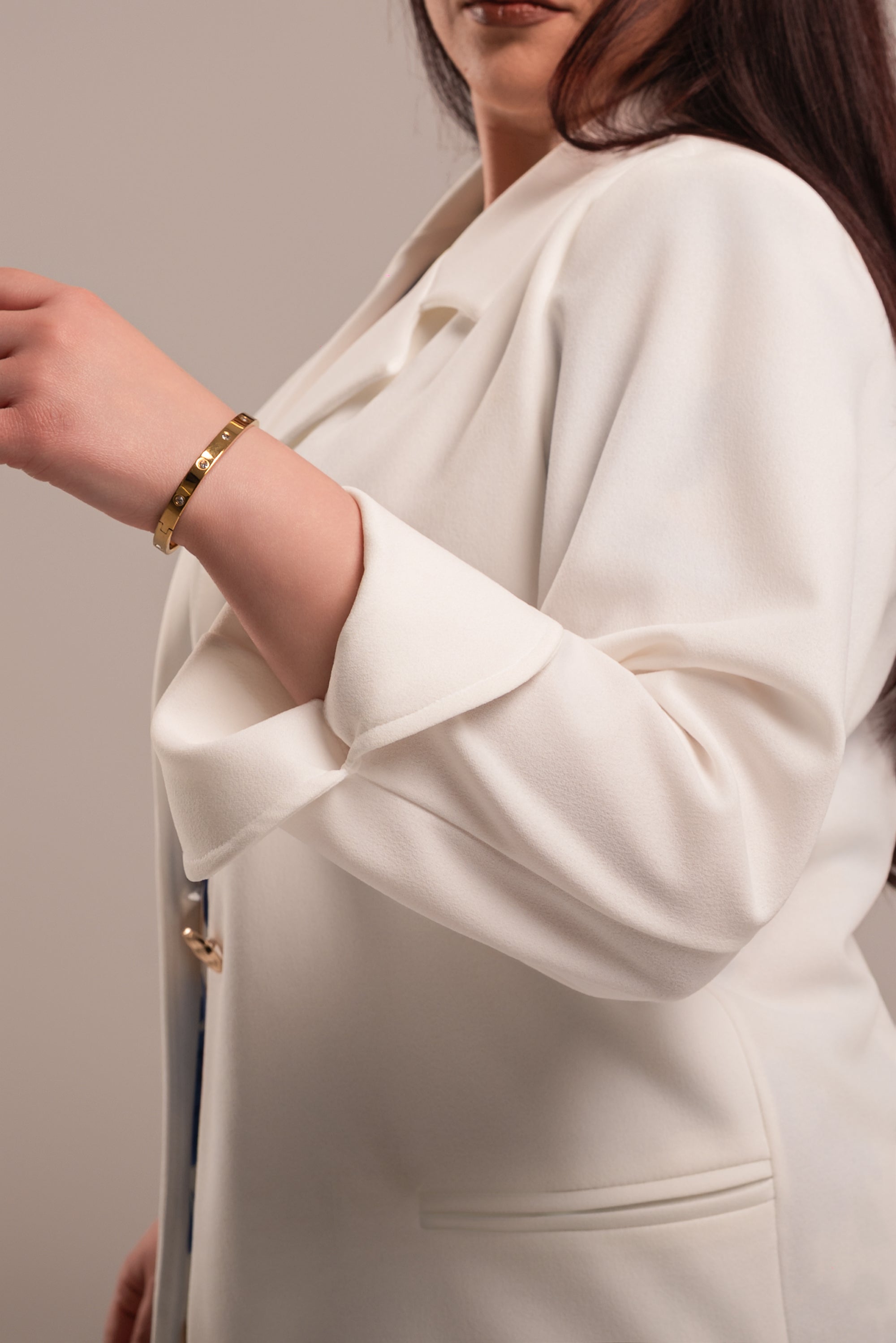 Λευκό Σακάκι Κρεπ Plus Size με Φόδρα και Κουμπί